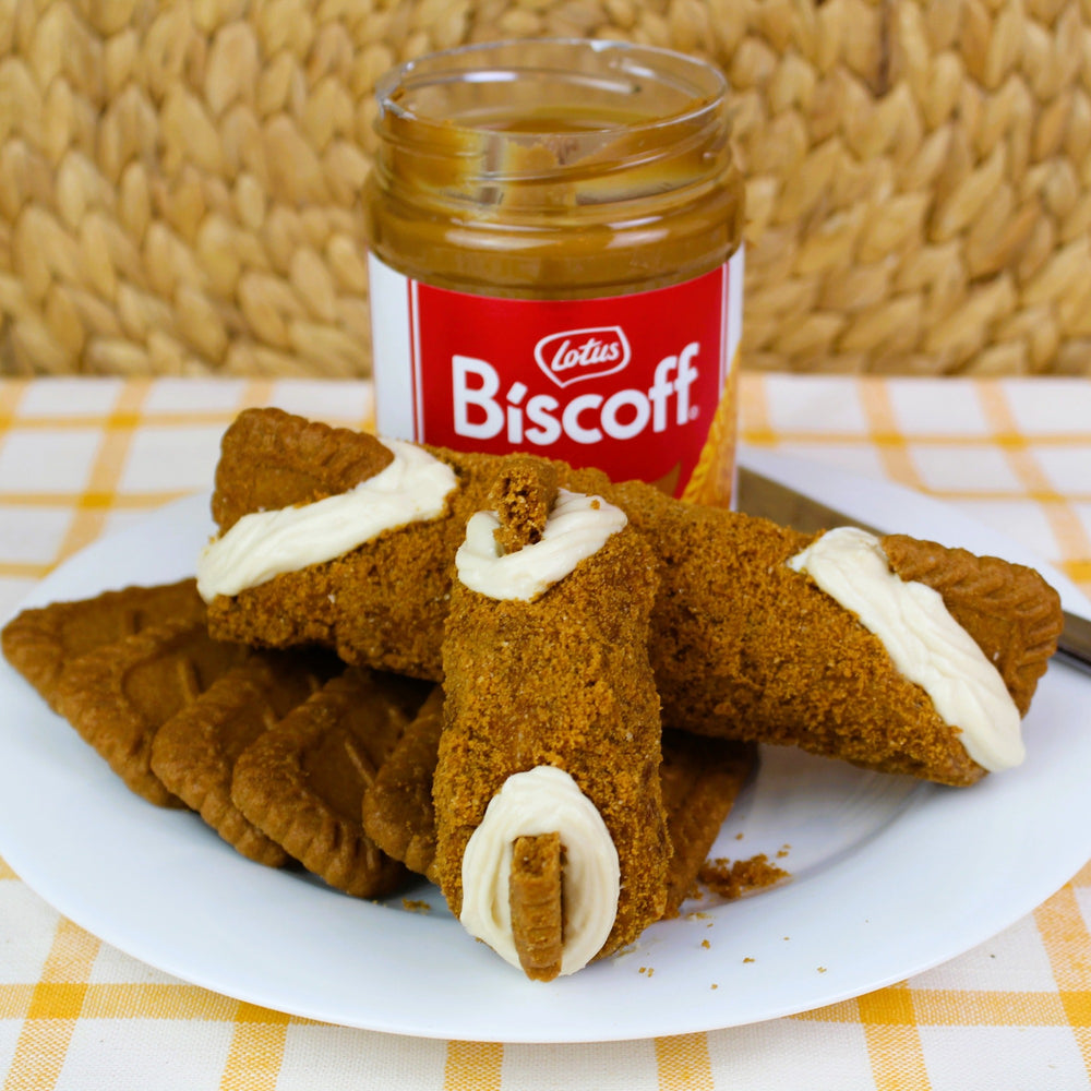 Biscoff is the new Nutella!  Imagine a biscuit blended into butter and you get the idea!  Lotus Bakeries is making waves with Biscoff.  So... Cannoli Crunch has blended our creamy, smooth ricotta with Biscoff spread and created an amazing flavour!  The cream fills our crispy, crunchy pastry shells coated with biscuit crumble, and a chunk of Lotus cookie on the ends.   Have The Biscoff cannoli for breakfast or as a snack... you'll absolutely love it!