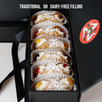 Our crispy, crunchy pastry shell encases creamy, smooth ricotta with special, house-made jellies gently piped into the centre with a dusting of icing sugar.

From top to bottom:&nbsp; Fieldberry, CranRasp Merlot, Marmalade, Mango/Beet, Cherry &amp; Ginger/Rhurbard.

Available with Dary-free cream filling!