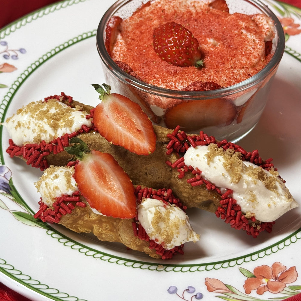 Meet the Strawberry Tiramisu Cannoli: where Italy meets a strawberry patch in the best possible way! Crisp, golden shell, creamy tiramisu filling with a hint of coffee, and a fresh, juicy strawberry atop! Sweet, bold, and totally irresistible—one bite and you’ll be hooked.